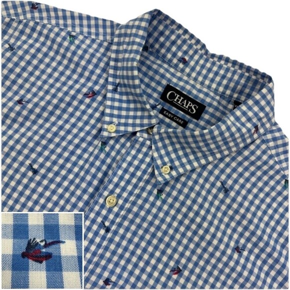 Chaps Shirt Men XXL Blue Gingham Check Short Sleeve Fly Fishing Print Easy Care - Picture 1 of 11